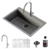 Karran 33" Drop In/Topmount Quartz Composite Kitchen Sink with Stainless Steel Faucet and Accessories, Grey, QT812GRKKF350SS