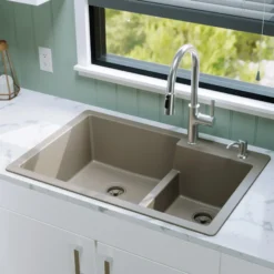 Karran 33" Drop In/Topmount Quartz Composite Kitchen Sink, 60/40 Double Bowl, Concrete, QT-811-CN