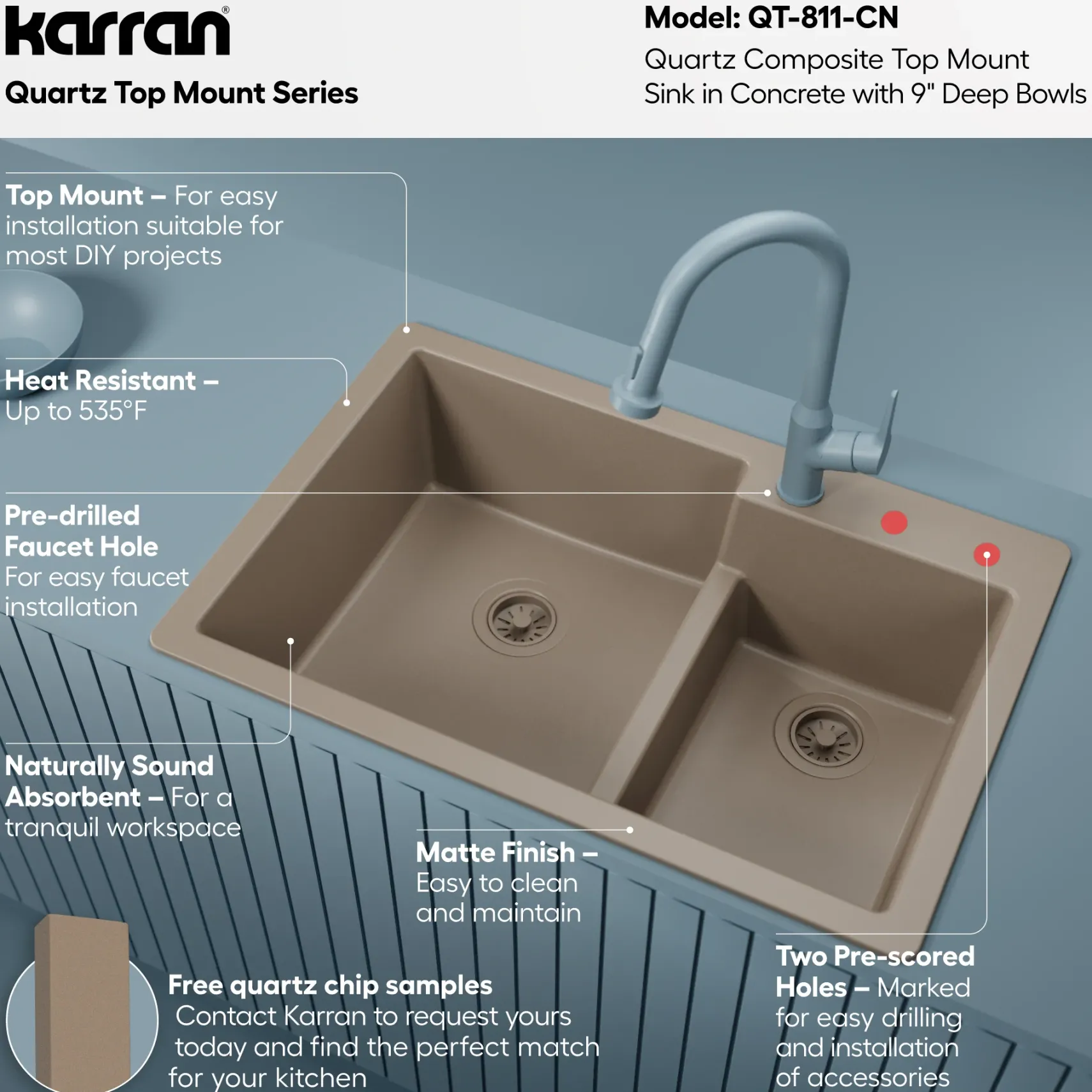Karran 33" Drop In/Topmount Quartz Composite Kitchen Sink, 60/40 Double Bowl, Concrete, QT-811-CN
