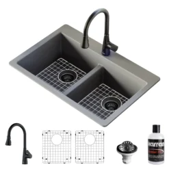 Karran 33" Drop In/Topmount Quartz Composite Kitchen Sink with Matte Black Faucet and Accessories, 50/50 Double Bowl, Grey, QT810GRKKF340MB