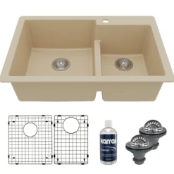 Karran 33" Drop In/Topmount Quartz Composite Kitchen Sink with Accessories, 60/40 Double Bowl, Bisque, QT-811-BI-PK1