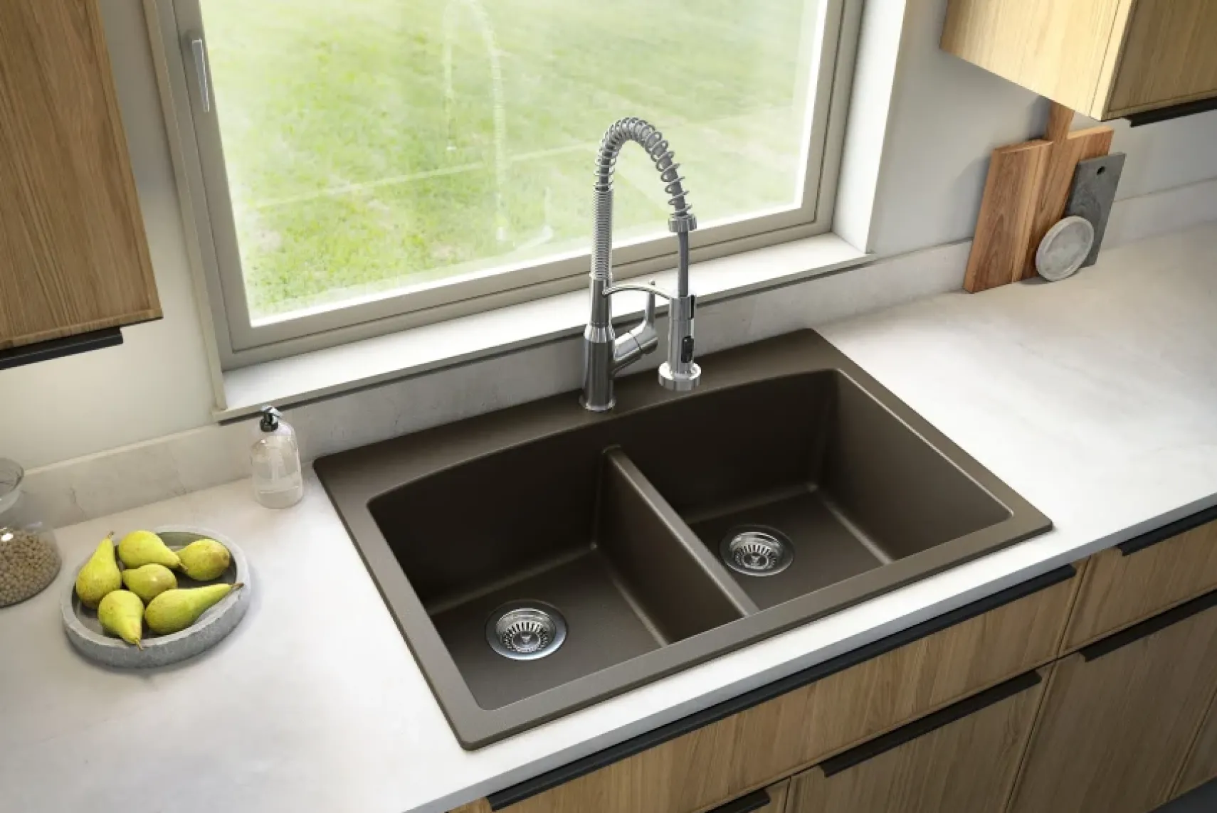 Karran 33" Drop In/Topmount Quartz Composite Kitchen Sink, 50/50 Double Bowl, Brown, QT-710-BR