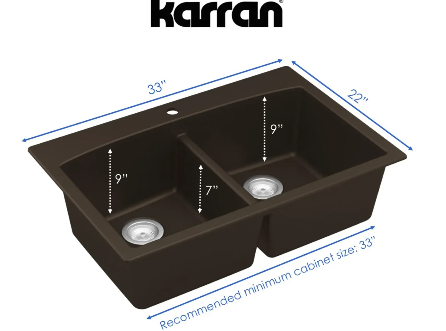 Karran 33" Drop In/Topmount Quartz Composite Kitchen Sink, 50/50 Double Bowl, Brown, QT-710-BR