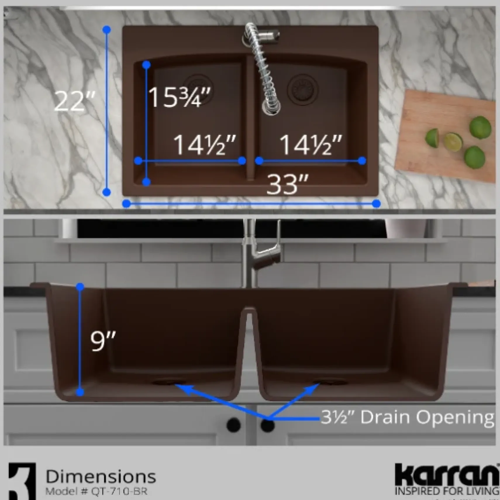 Karran 33" Drop In/Topmount Quartz Composite Kitchen Sink, 50/50 Double Bowl, Brown, QT-710-BR