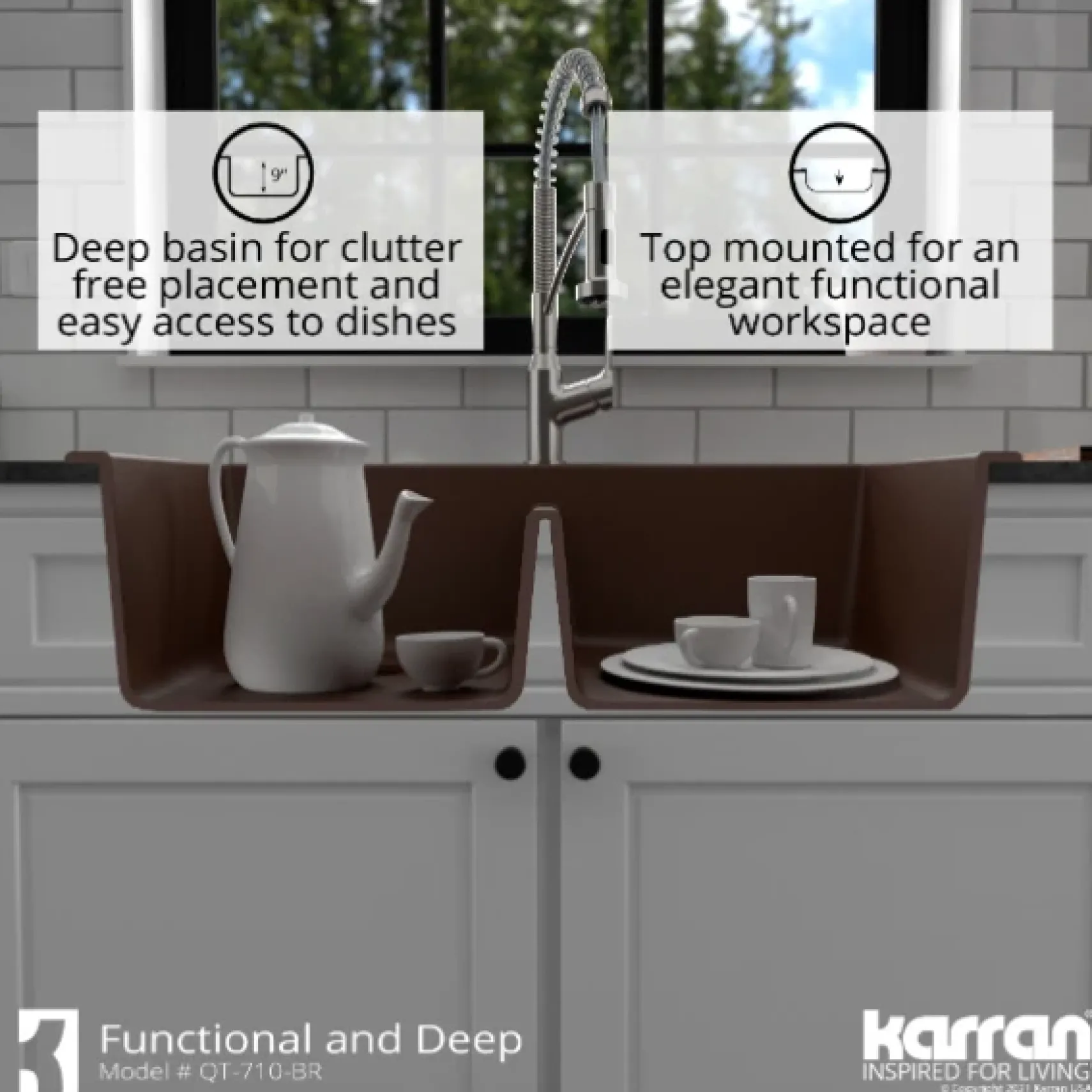 Karran 33" Drop In/Topmount Quartz Composite Kitchen Sink, 50/50 Double Bowl, Brown, QT-710-BR