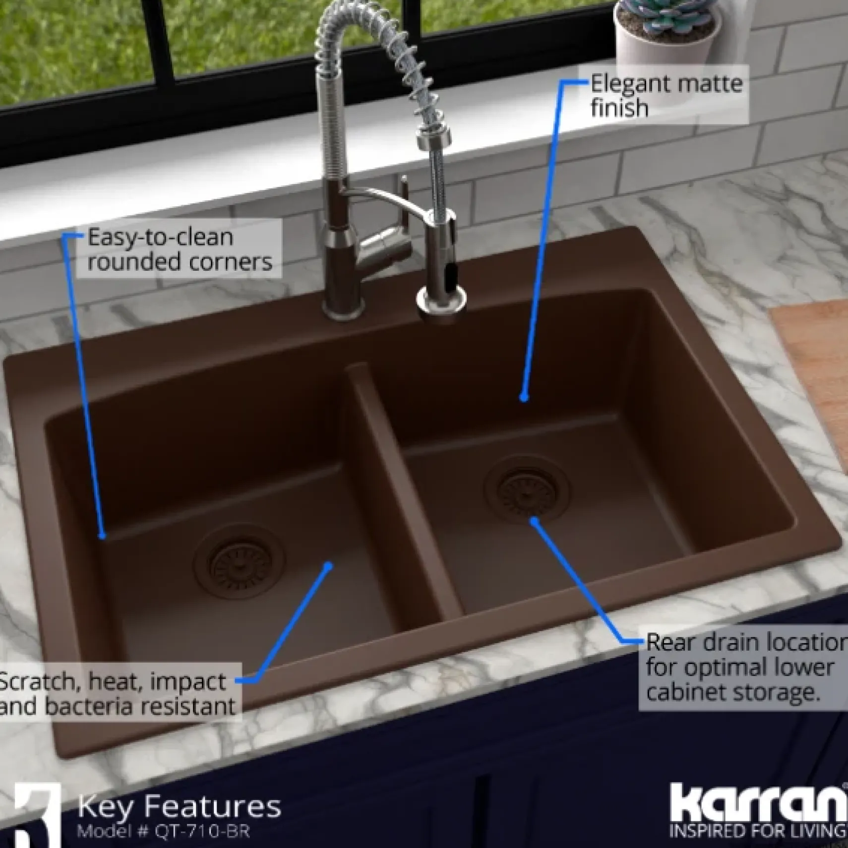 Karran 33" Drop In/Topmount Quartz Composite Kitchen Sink, 50/50 Double Bowl, Brown, QT-710-BR