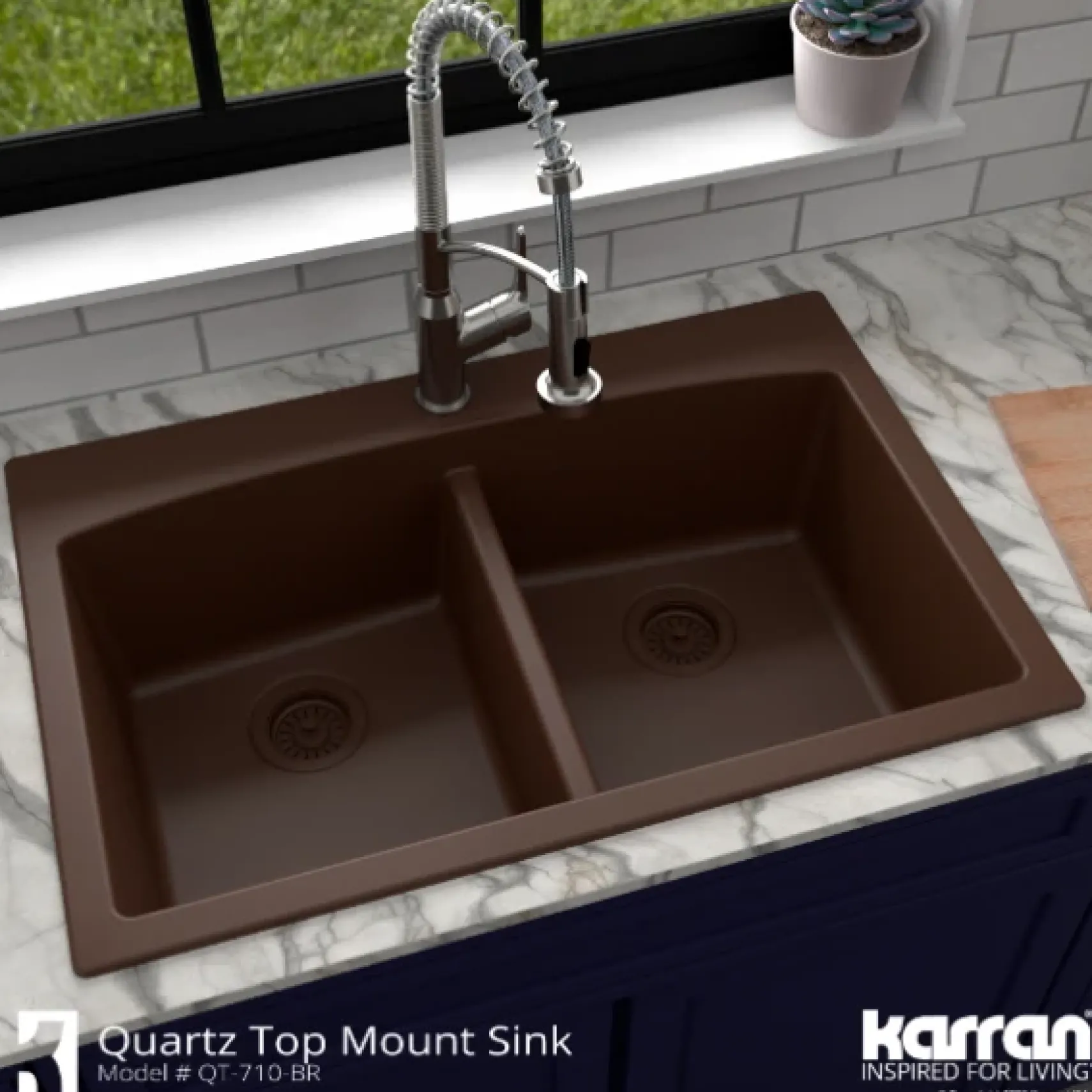 Karran 33" Drop In/Topmount Quartz Composite Kitchen Sink, 50/50 Double Bowl, Brown, QT-710-BR