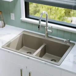 Karran 33" Drop In/Topmount Quartz Composite Kitchen Sink, 50/50 Double Bowl, Concrete, QT-810-CN
