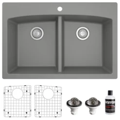 Karran 33" Drop In/Topmount Quartz Composite Kitchen Sink, 50/50 Double Bowl, Grey, QT-710-GR-PK1