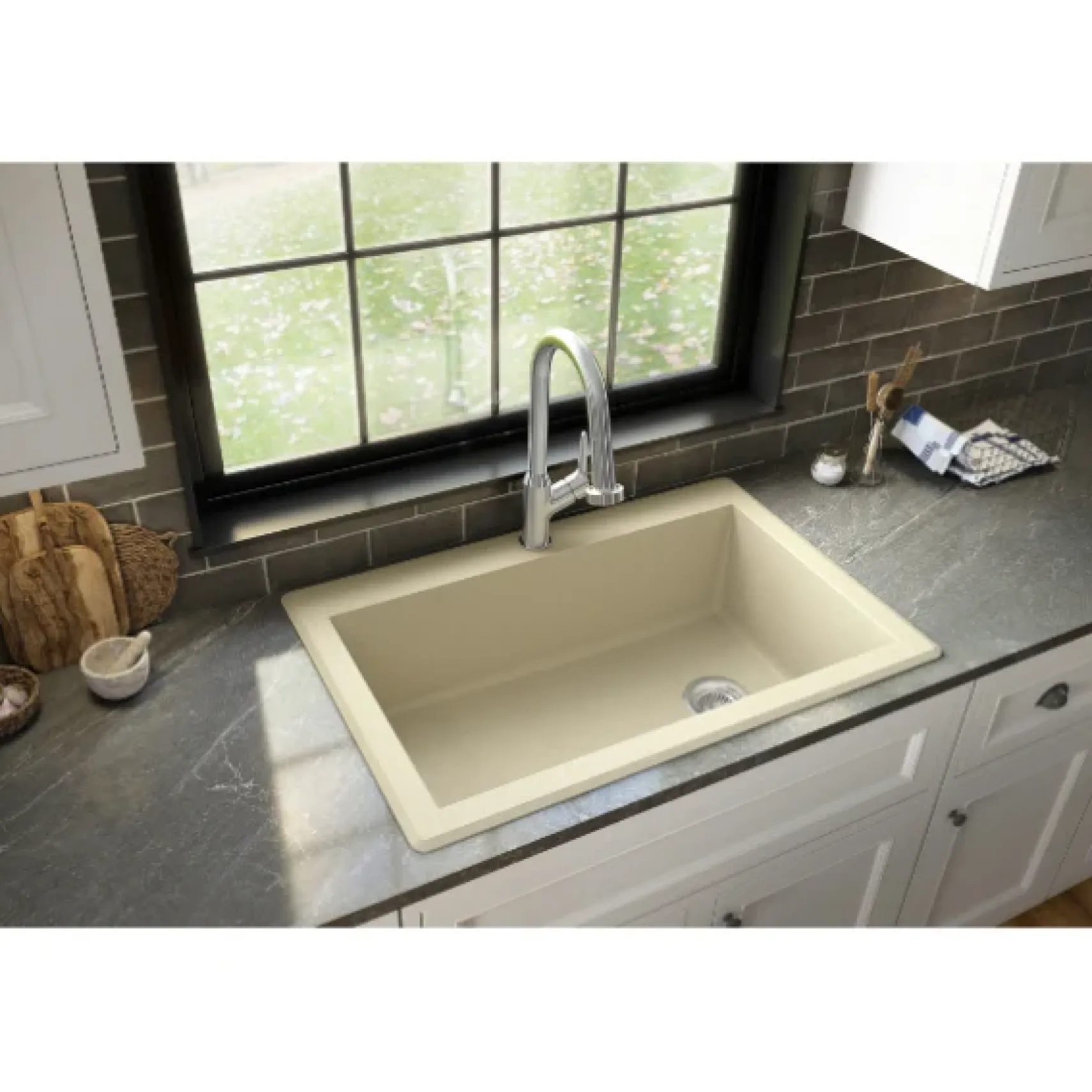 Karran 33" Drop In/Topmount Quartz Composite Kitchen Sink, Bisque, QT-670-BI