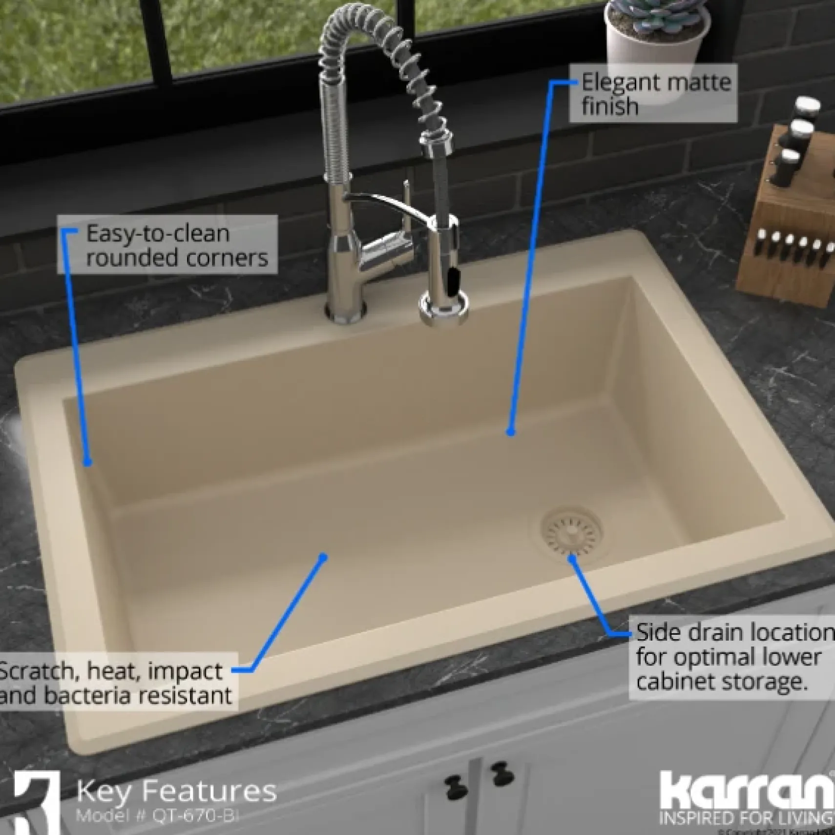Karran 33" Drop In/Topmount Quartz Composite Kitchen Sink, Bisque, QT-670-BI