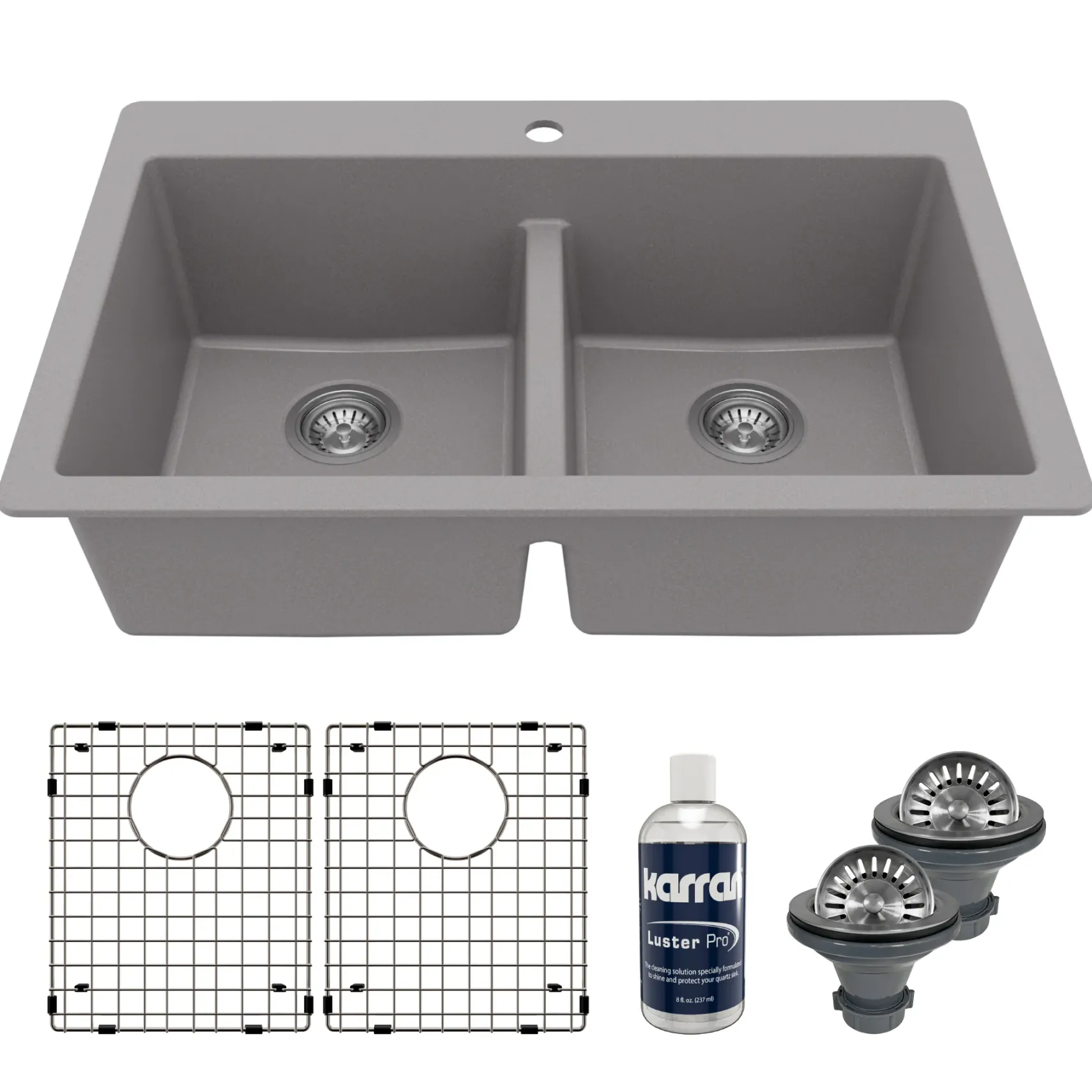 Karran 33" Drop In/Topmount Quartz Composite Kitchen Sink Kit, 50/50 Double Bowl, Grey, QT-810-GR-PK1