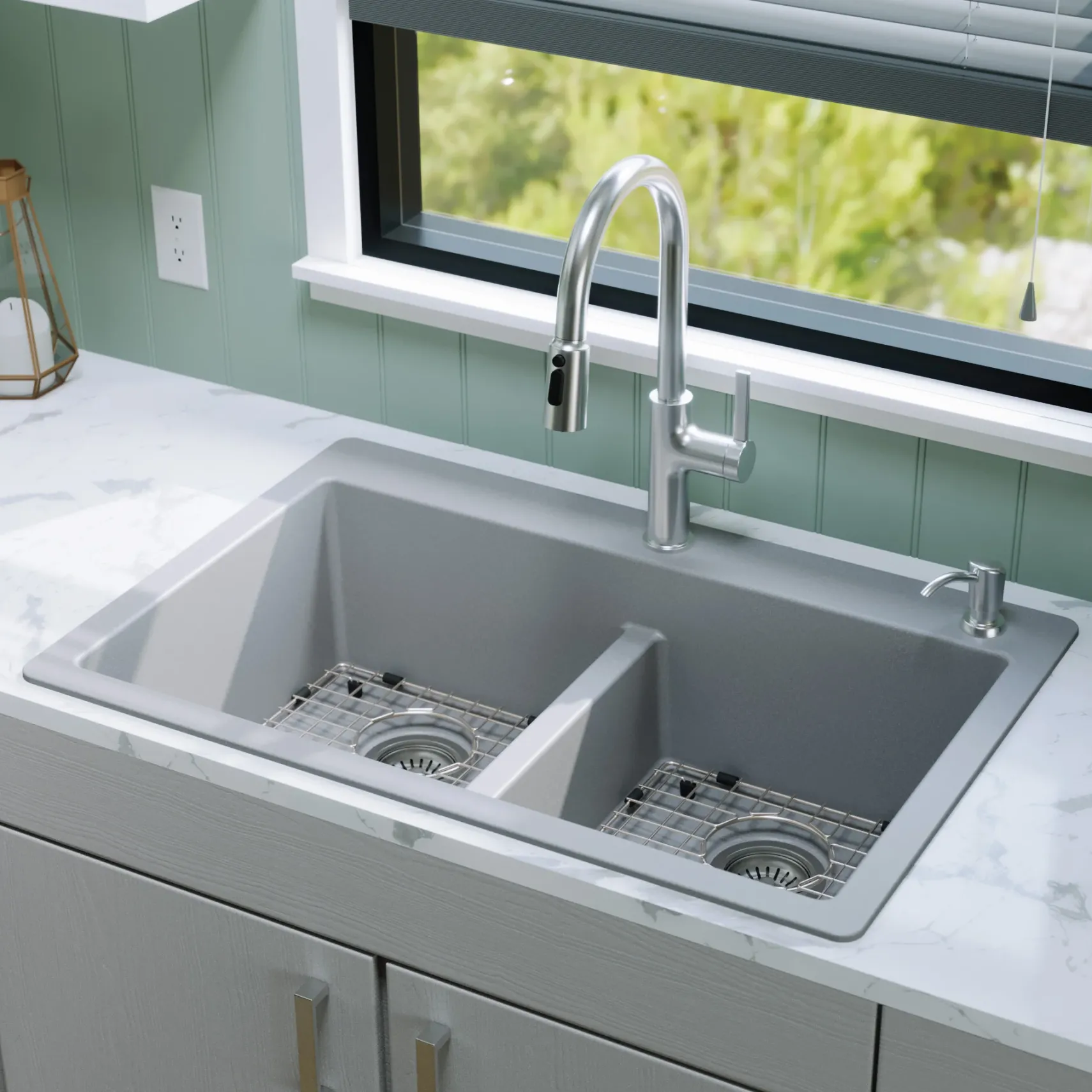 Karran 33" Drop In/Topmount Quartz Composite Kitchen Sink Kit, 50/50 Double Bowl, Grey, QT-810-GR-PK1