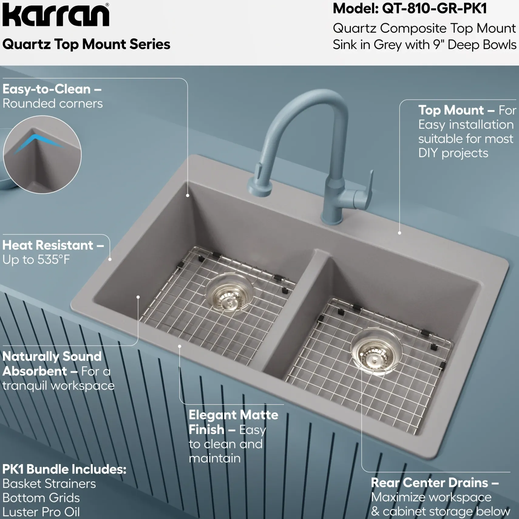 Karran 33" Drop In/Topmount Quartz Composite Kitchen Sink Kit, 50/50 Double Bowl, Grey, QT-810-GR-PK1