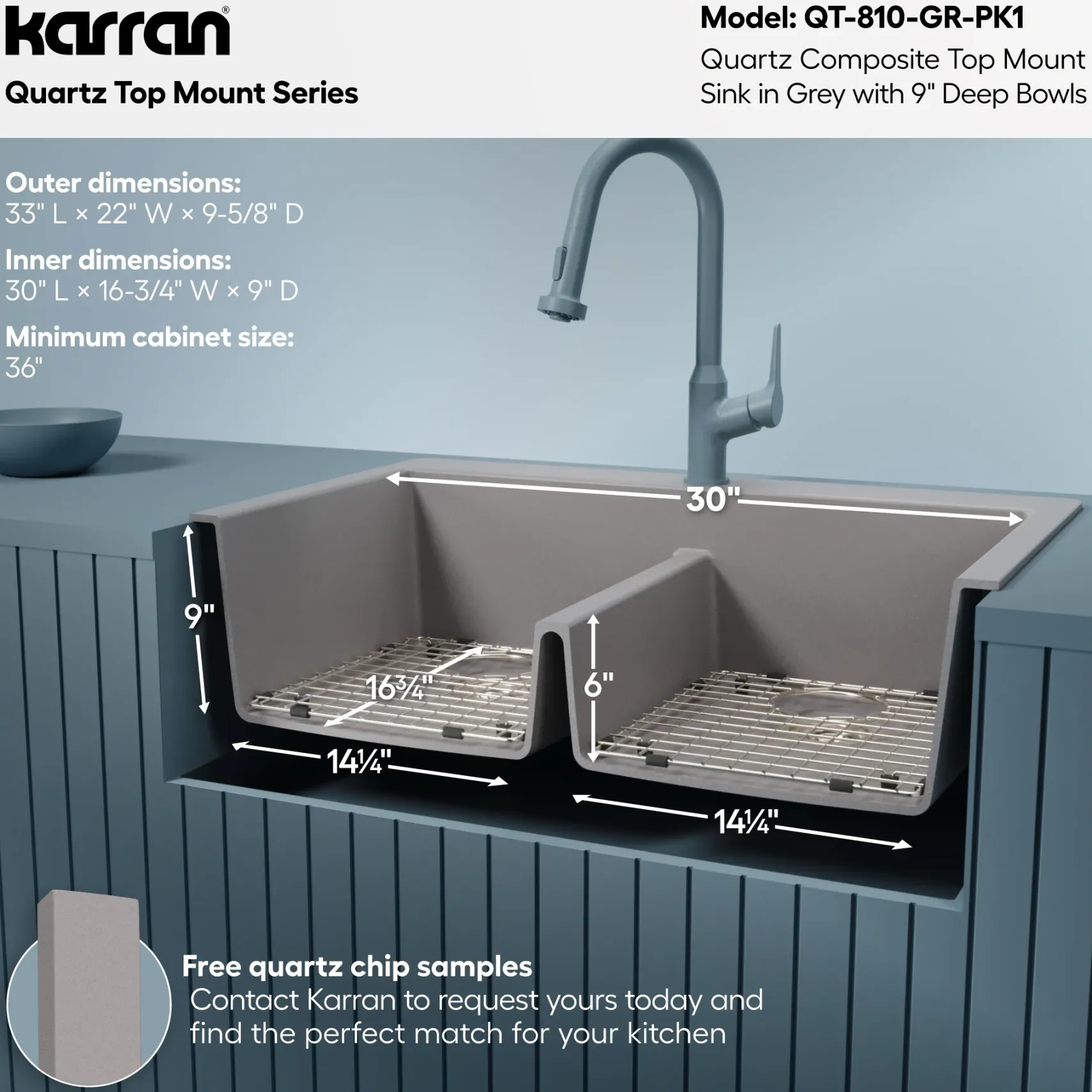 Karran 33" Drop In/Topmount Quartz Composite Kitchen Sink Kit, 50/50 Double Bowl, Grey, QT-810-GR-PK1