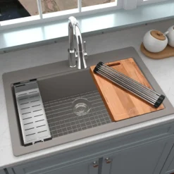 Karran 33" Drop In/Topmount Quartz Composite Workstation Kitchen Sink with Accessories, Concrete, QTWS-875-CN