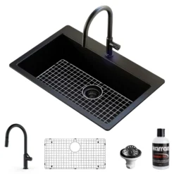 Karran 33" Drop In/Topmount Quartz Composite Kitchen Sink with Matte Black Faucet and Accessories, QT812BLKKF350MB