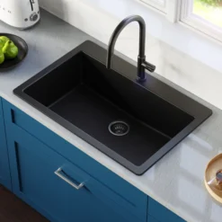 Karran 33" Drop In/Topmount Quartz Composite Kitchen Sink with Matte Black Faucet and Accessories, QT812BLKKF350MB
