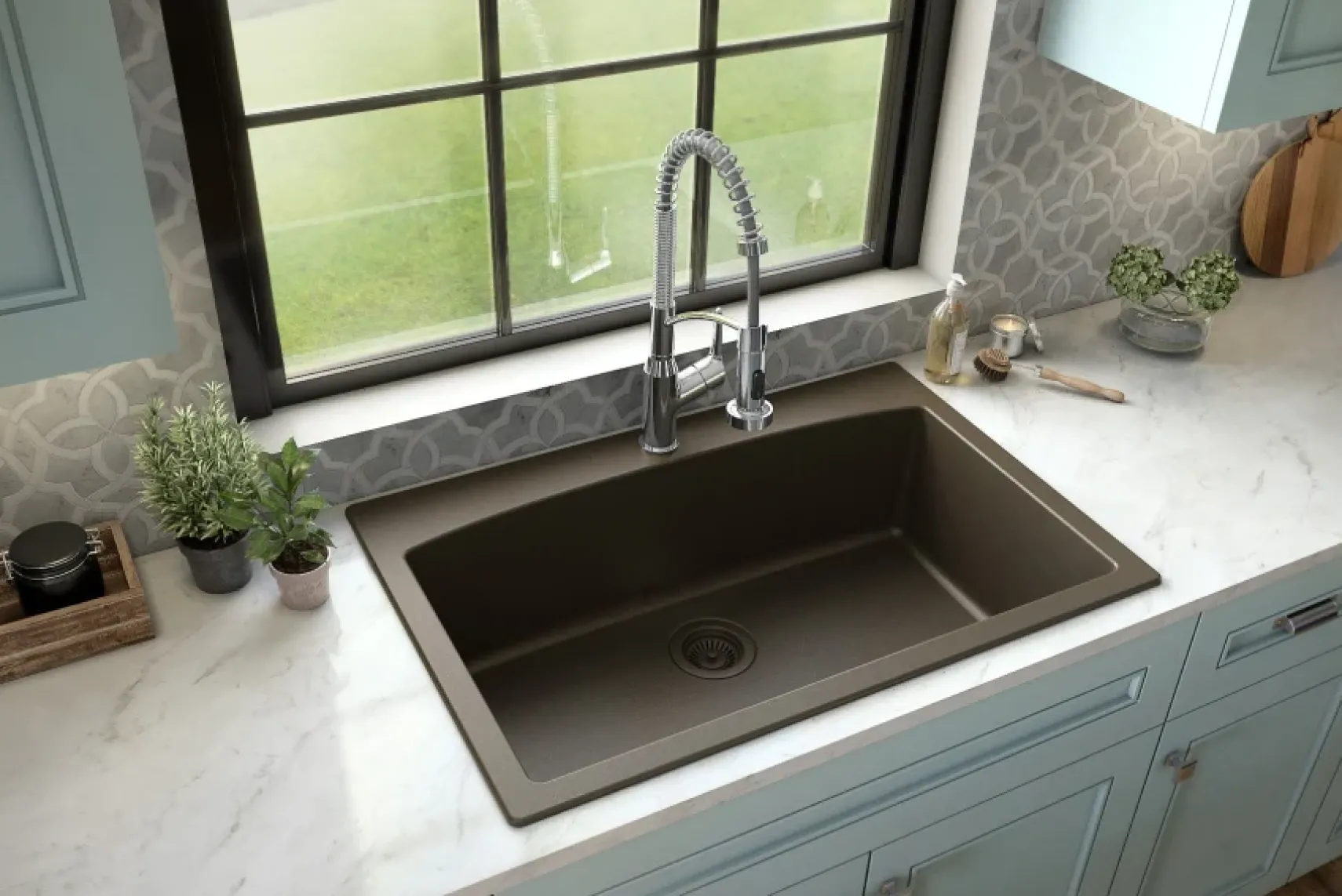 Karran 33" Drop In/Topmount Quartz Composite Kitchen Sink, Brown, QT-712-BR-PK1