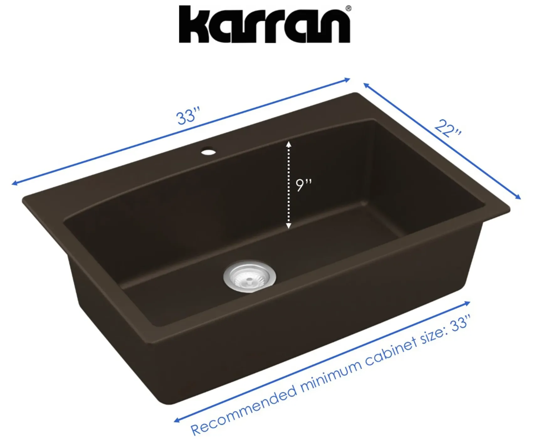 Karran 33" Drop In/Topmount Quartz Composite Kitchen Sink, Brown, QT-712-BR-PK1