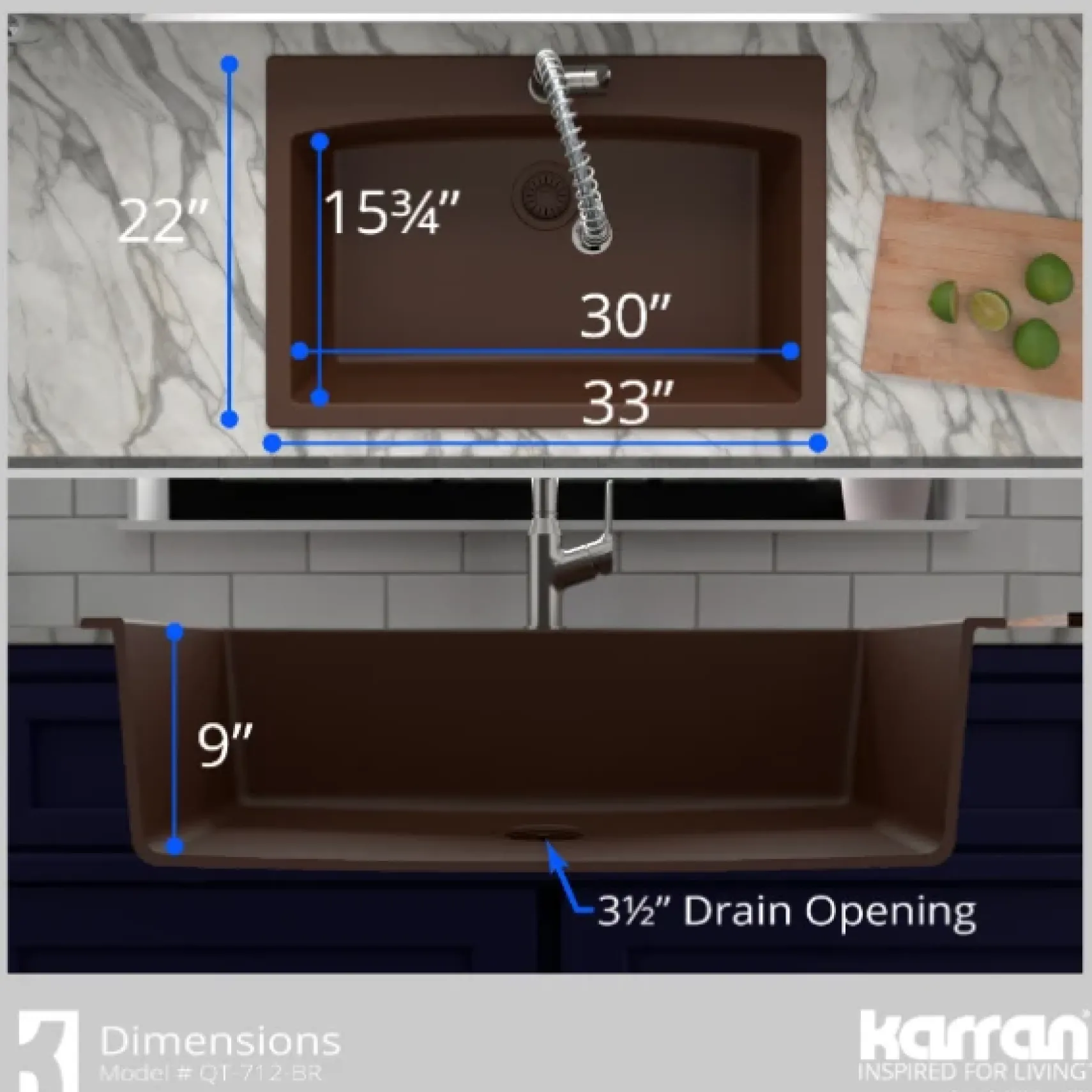 Karran 33" Drop In/Topmount Quartz Composite Kitchen Sink, Brown, QT-712-BR-PK1