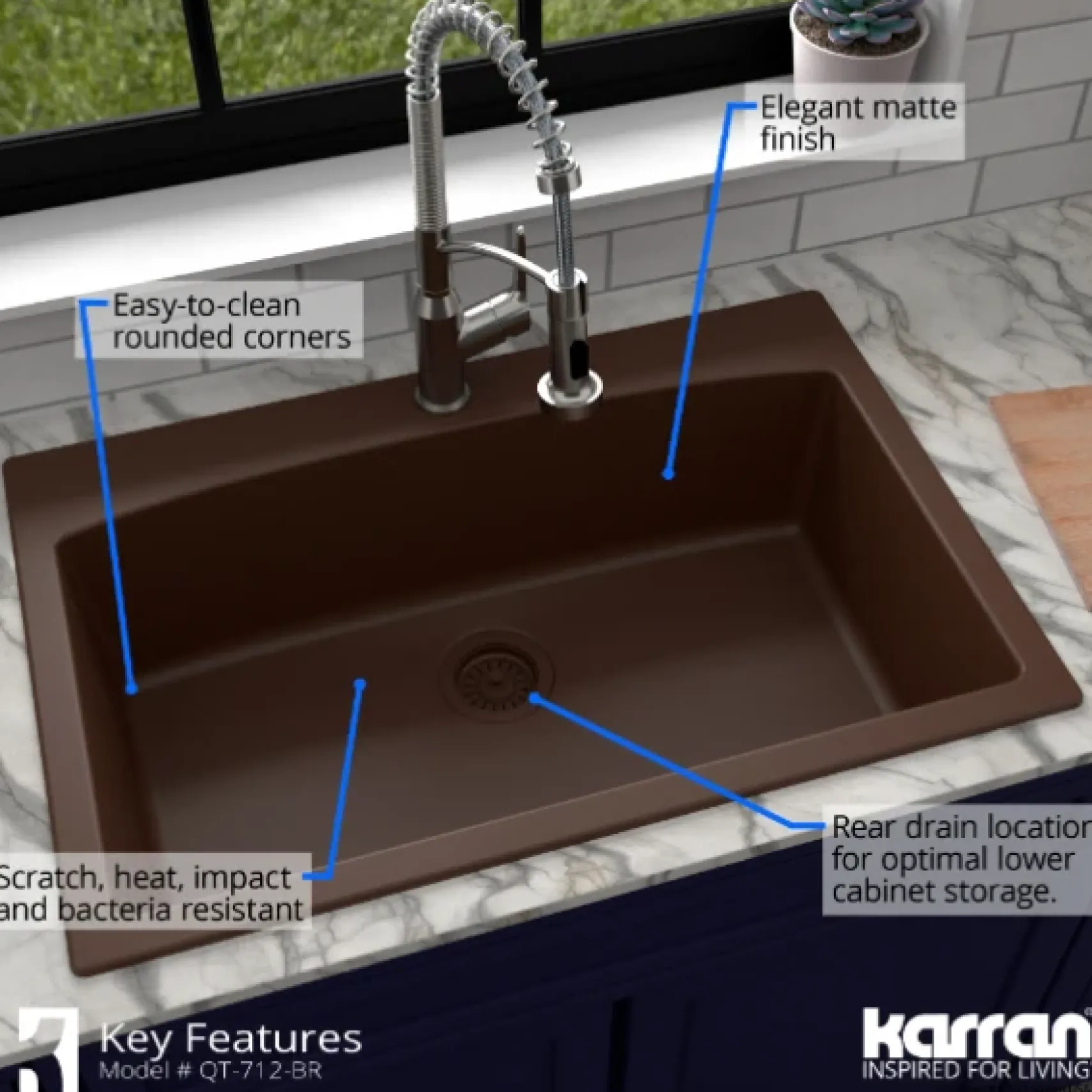 Karran 33" Drop In/Topmount Quartz Composite Kitchen Sink, Brown, QT-712-BR-PK1