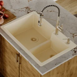 Karran 33" Drop In/Topmount Quartz Composite Kitchen Sink, 60/40 Double Bowl, Bisque, QT-811-BI