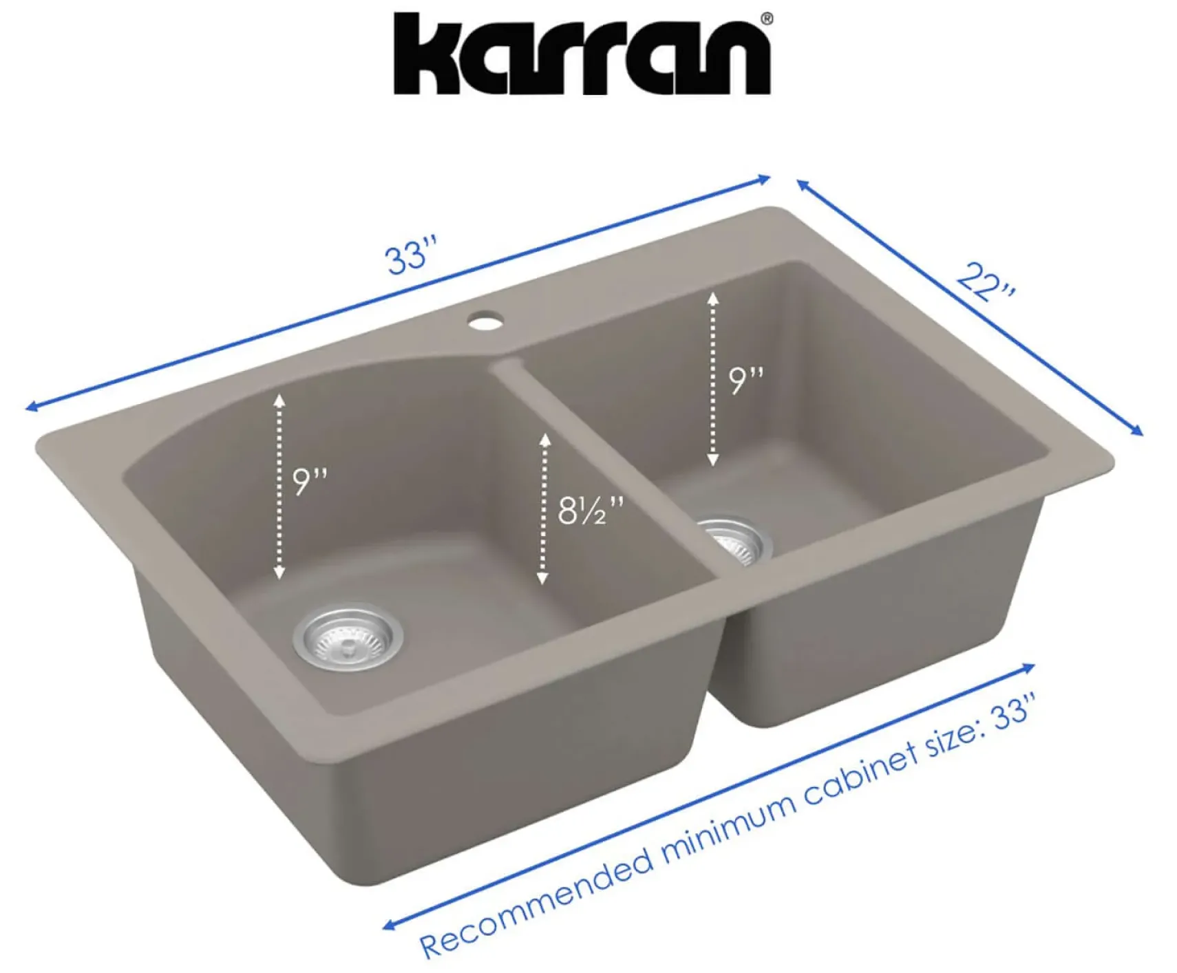 Karran 33" Drop In/Topmount Quartz Composite Kitchen Sink, 60/40 Double Bowl, Concrete, QT-610-CN