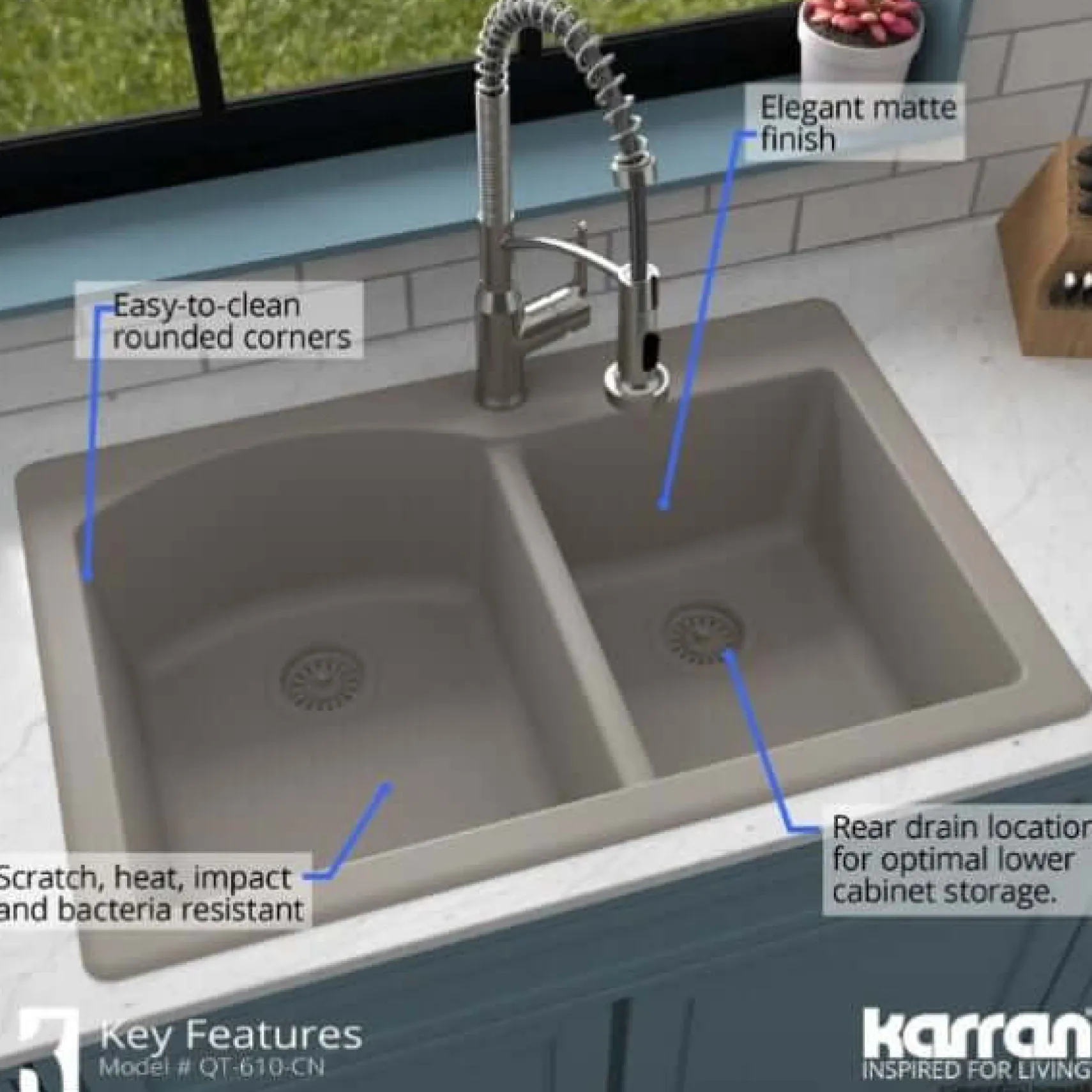 Karran 33" Drop In/Topmount Quartz Composite Kitchen Sink, 60/40 Double Bowl, Concrete, QT-610-CN