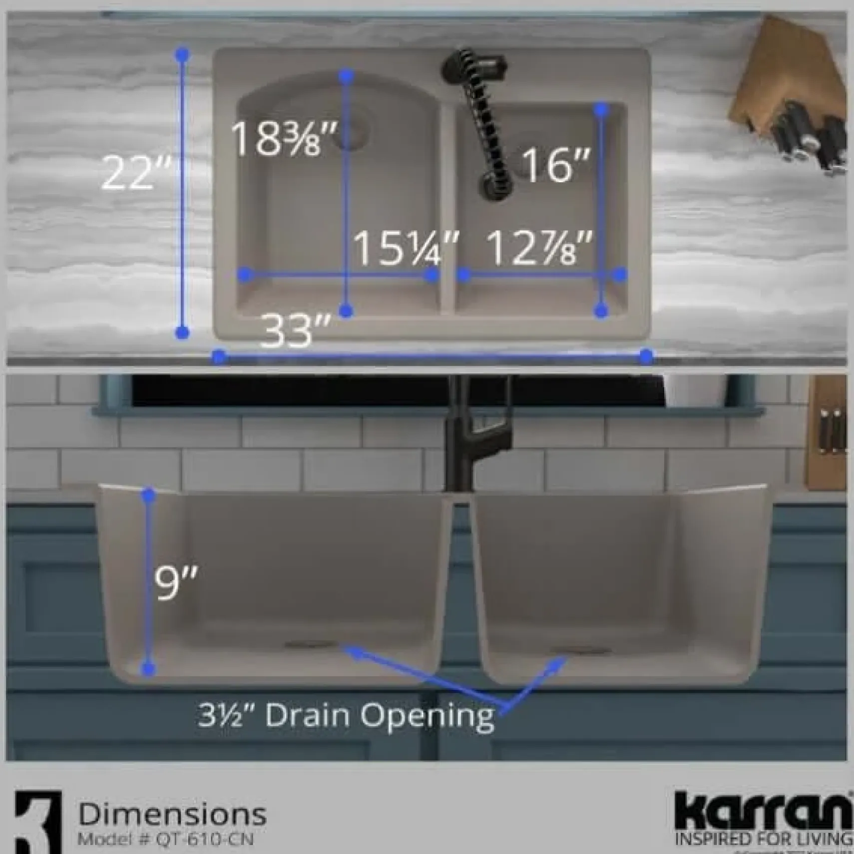 Karran 33" Drop In/Topmount Quartz Composite Kitchen Sink, 60/40 Double Bowl, Concrete, QT-610-CN