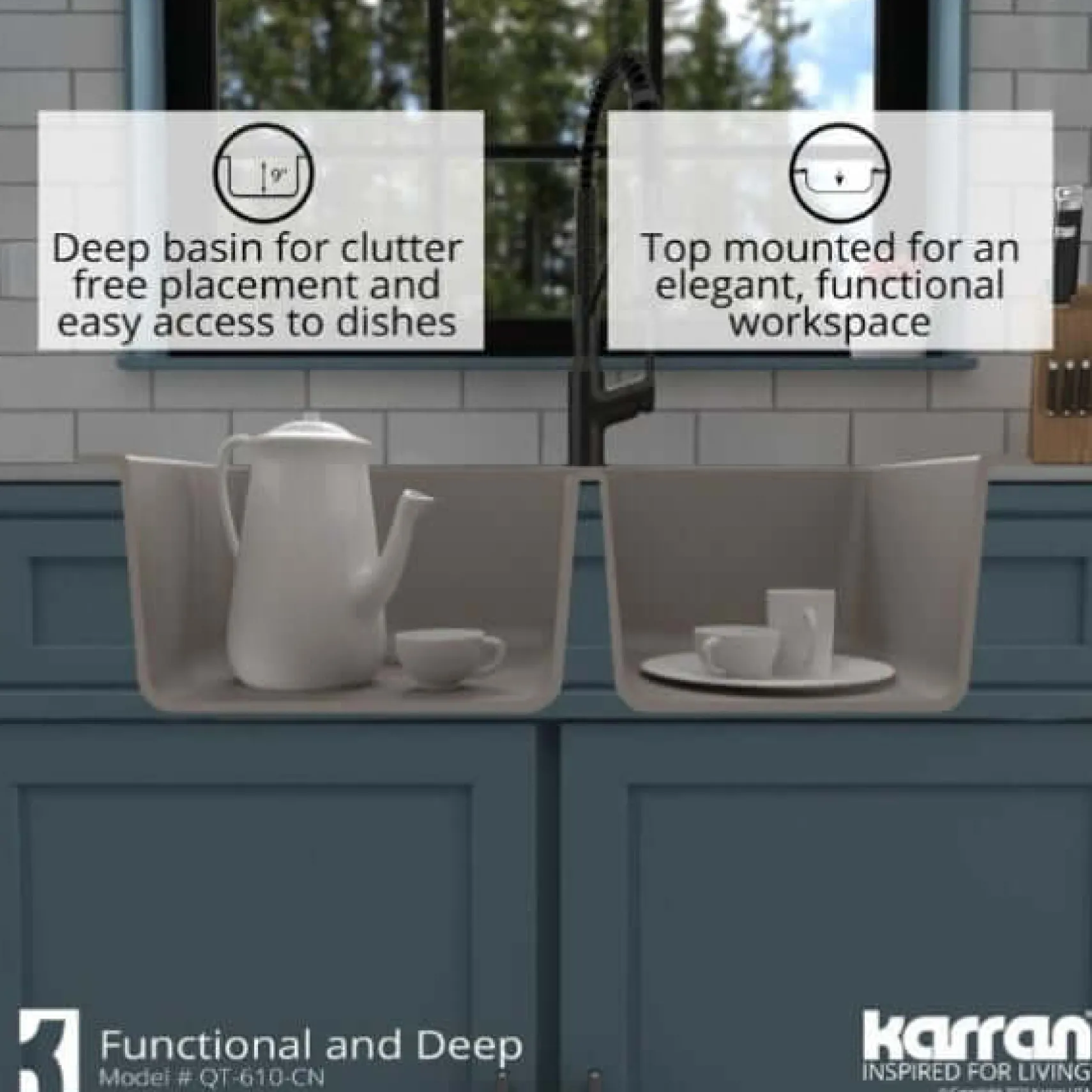 Karran 33" Drop In/Topmount Quartz Composite Kitchen Sink, 60/40 Double Bowl, Concrete, QT-610-CN