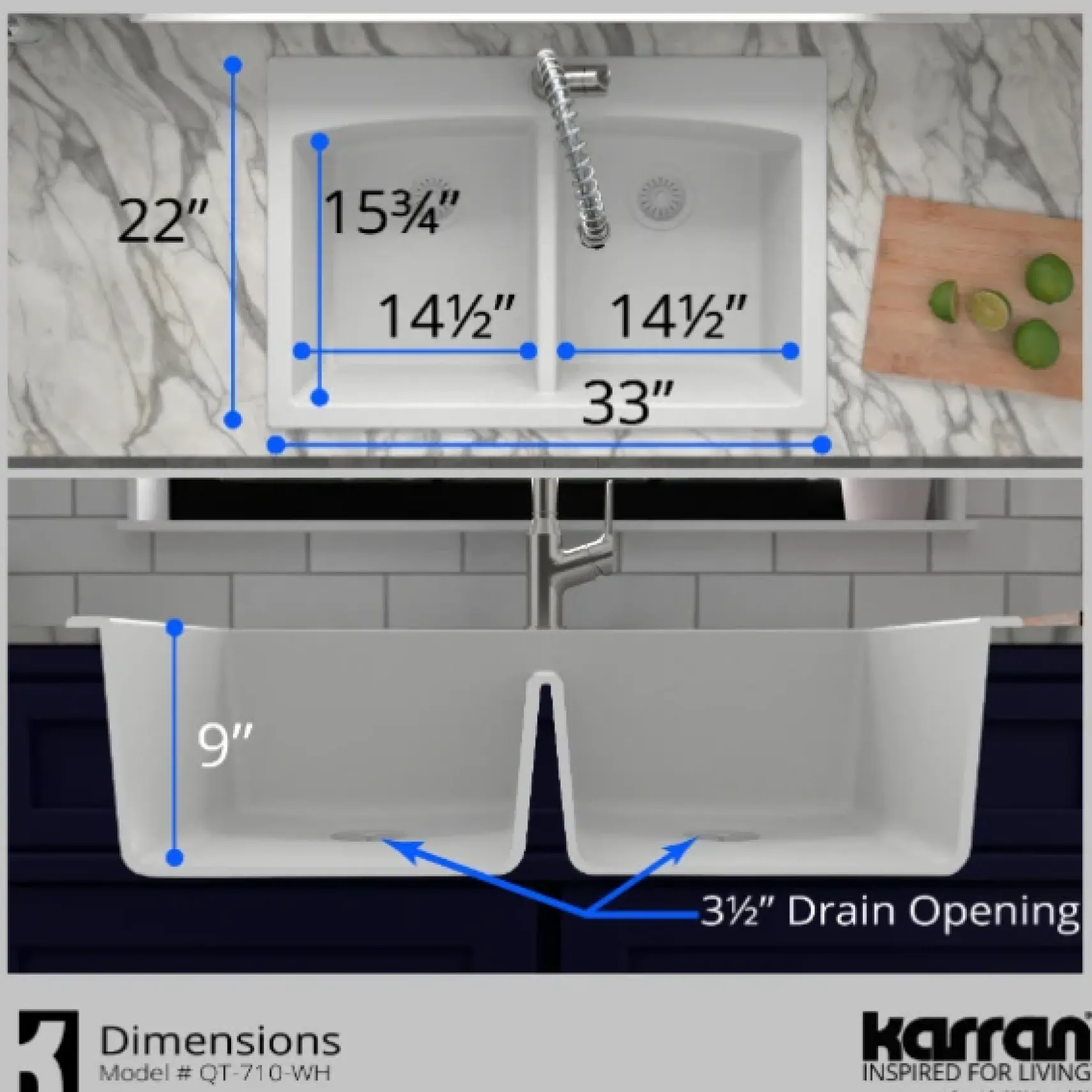 Karran 33" Drop In/Topmount Quartz Composite Kitchen Sink, 50/50 Double Bowl, White, QT-710-WH