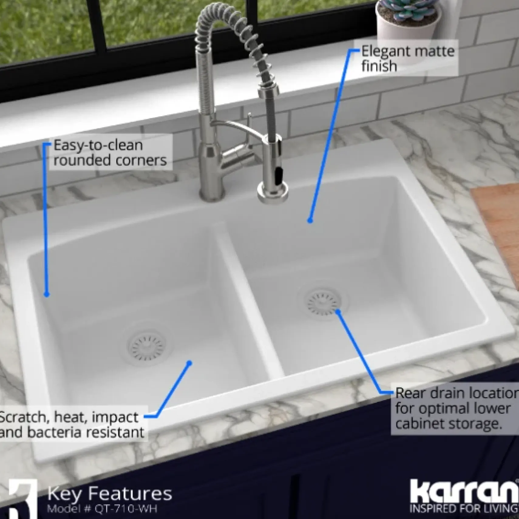 Karran 33" Drop In/Topmount Quartz Composite Kitchen Sink, 50/50 Double Bowl, White, QT-710-WH