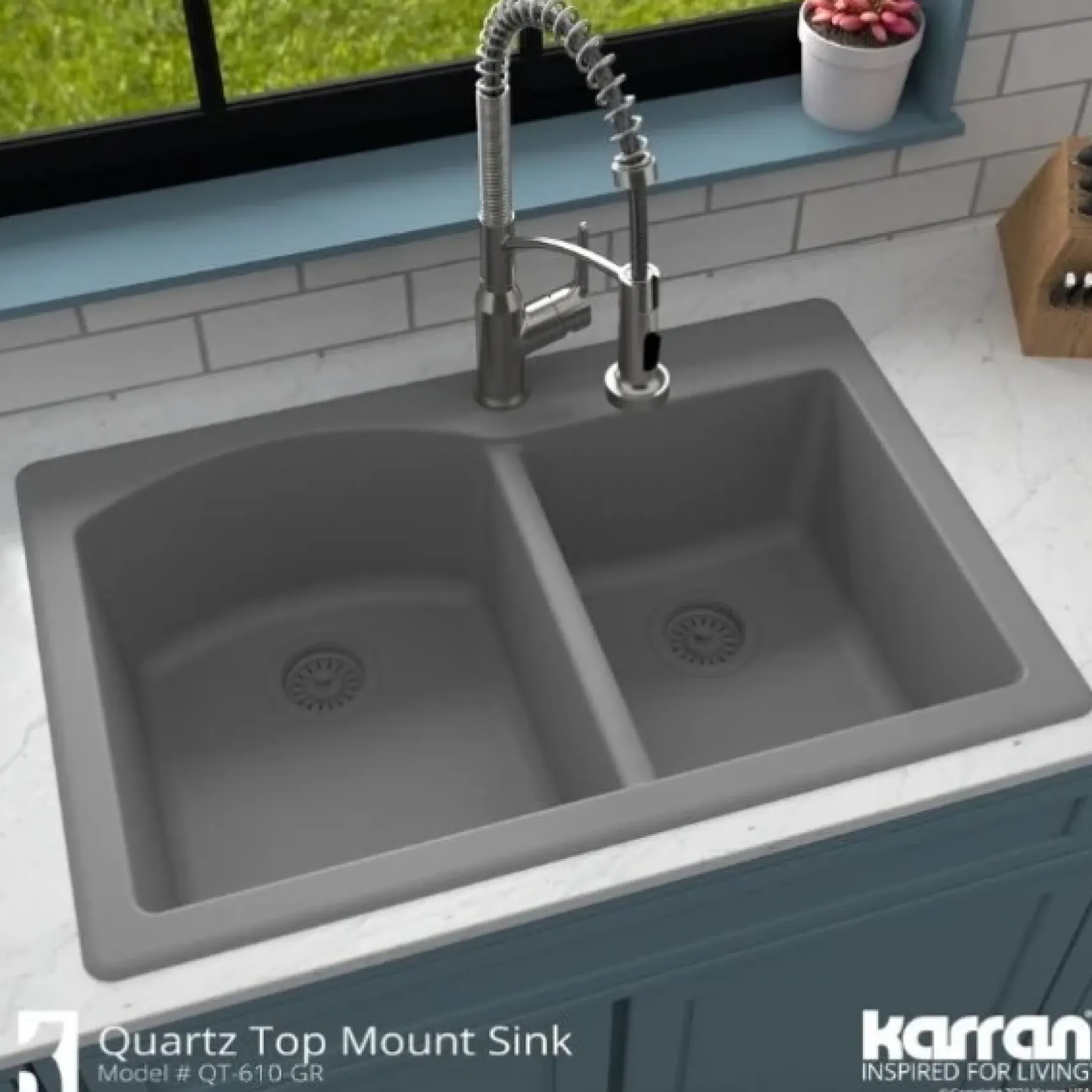 Karran 33" Drop In/Topmount Quartz Composite Kitchen Sink, 60/40 Double Bowl, Grey, QT-610-GR