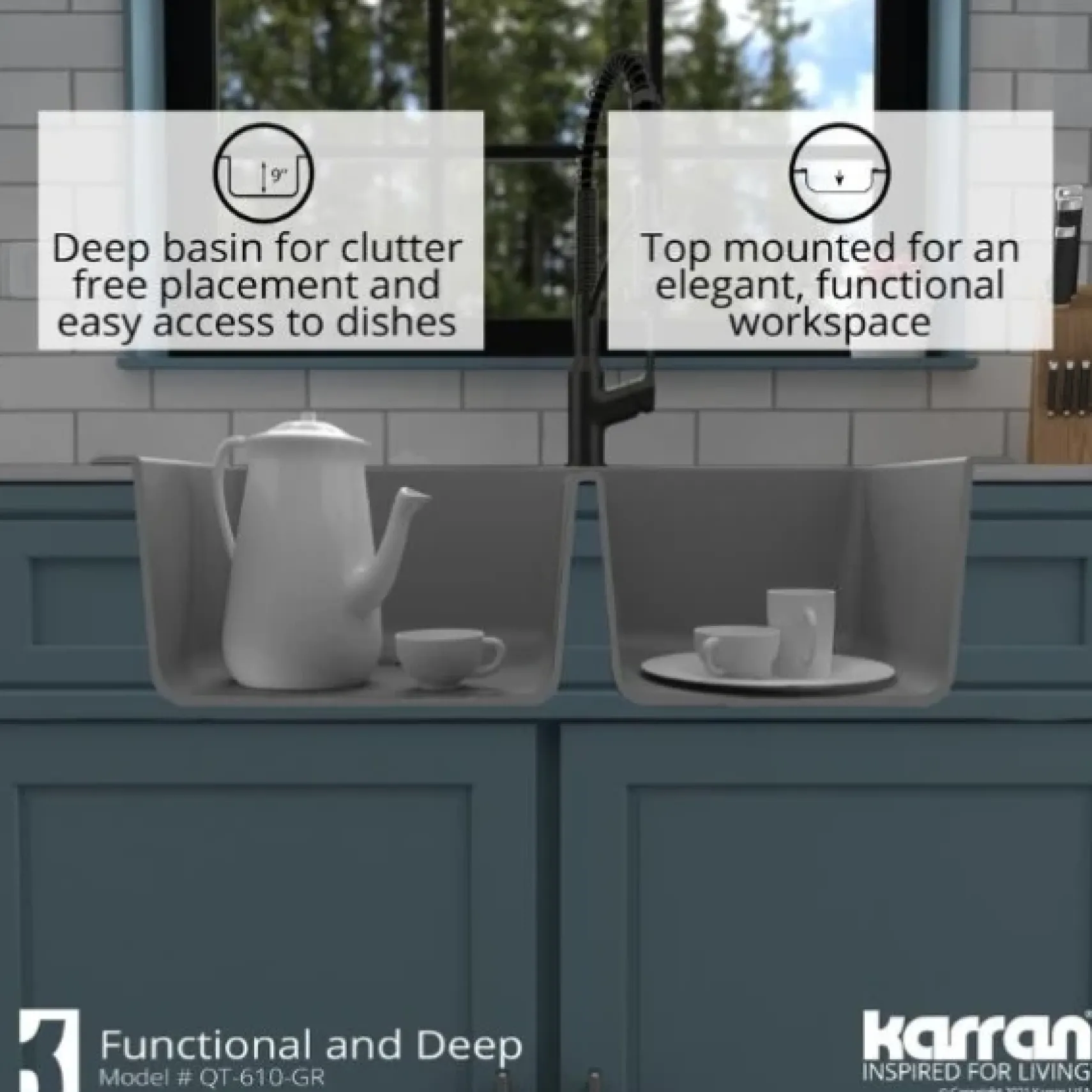 Karran 33" Drop In/Topmount Quartz Composite Kitchen Sink, 60/40 Double Bowl, Grey, QT-610-GR