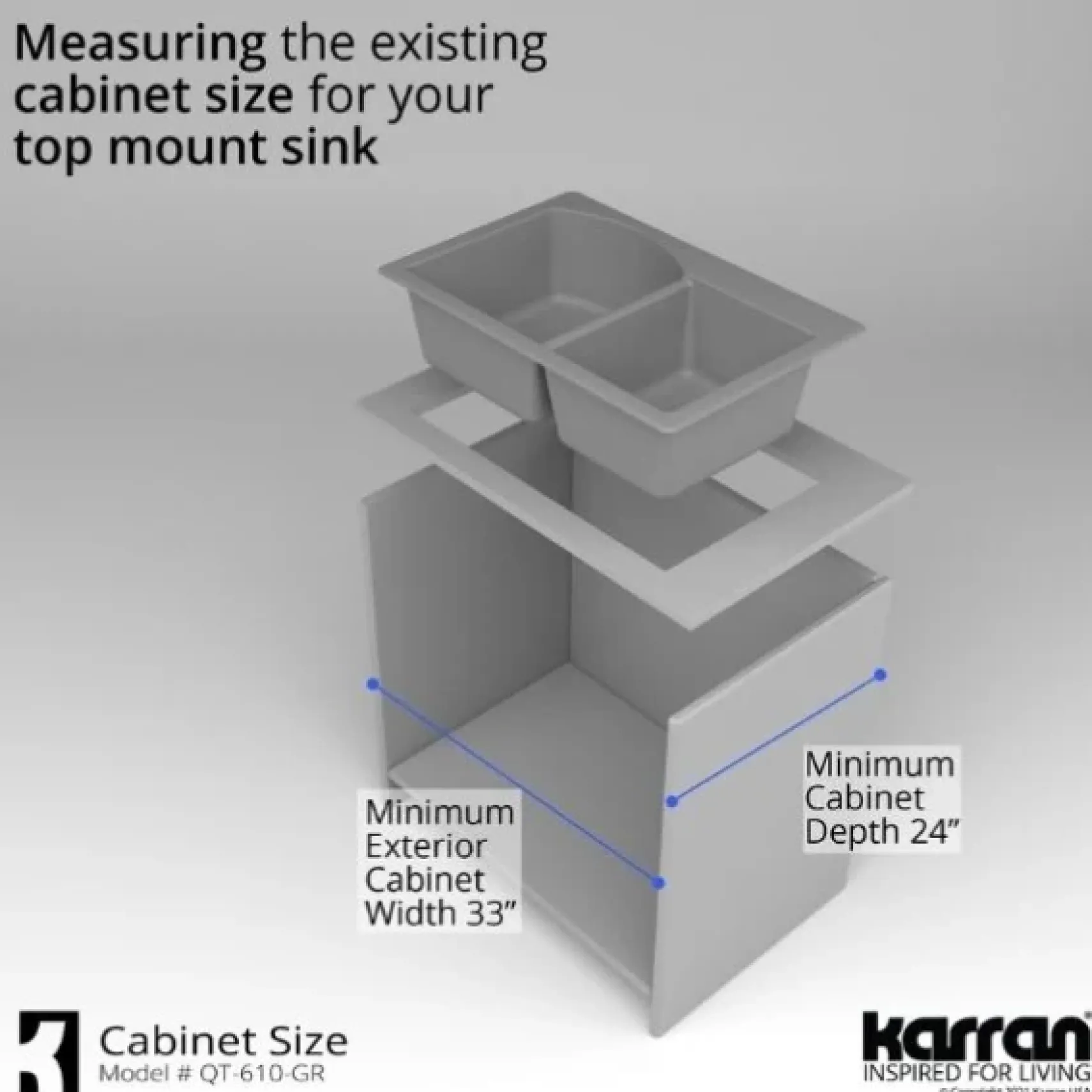 Karran 33" Drop In/Topmount Quartz Composite Kitchen Sink, 60/40 Double Bowl, Grey, QT-610-GR