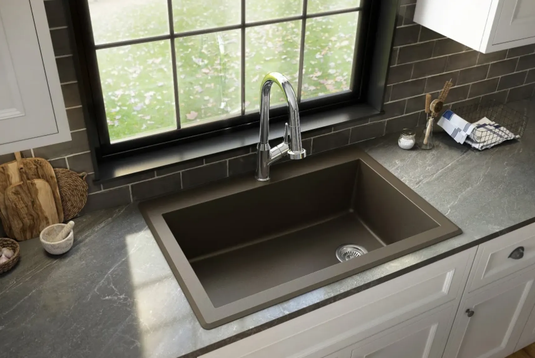 Karran 33" Drop In/Topmount Quartz Composite Kitchen Sink, Brown, QT-670-BR