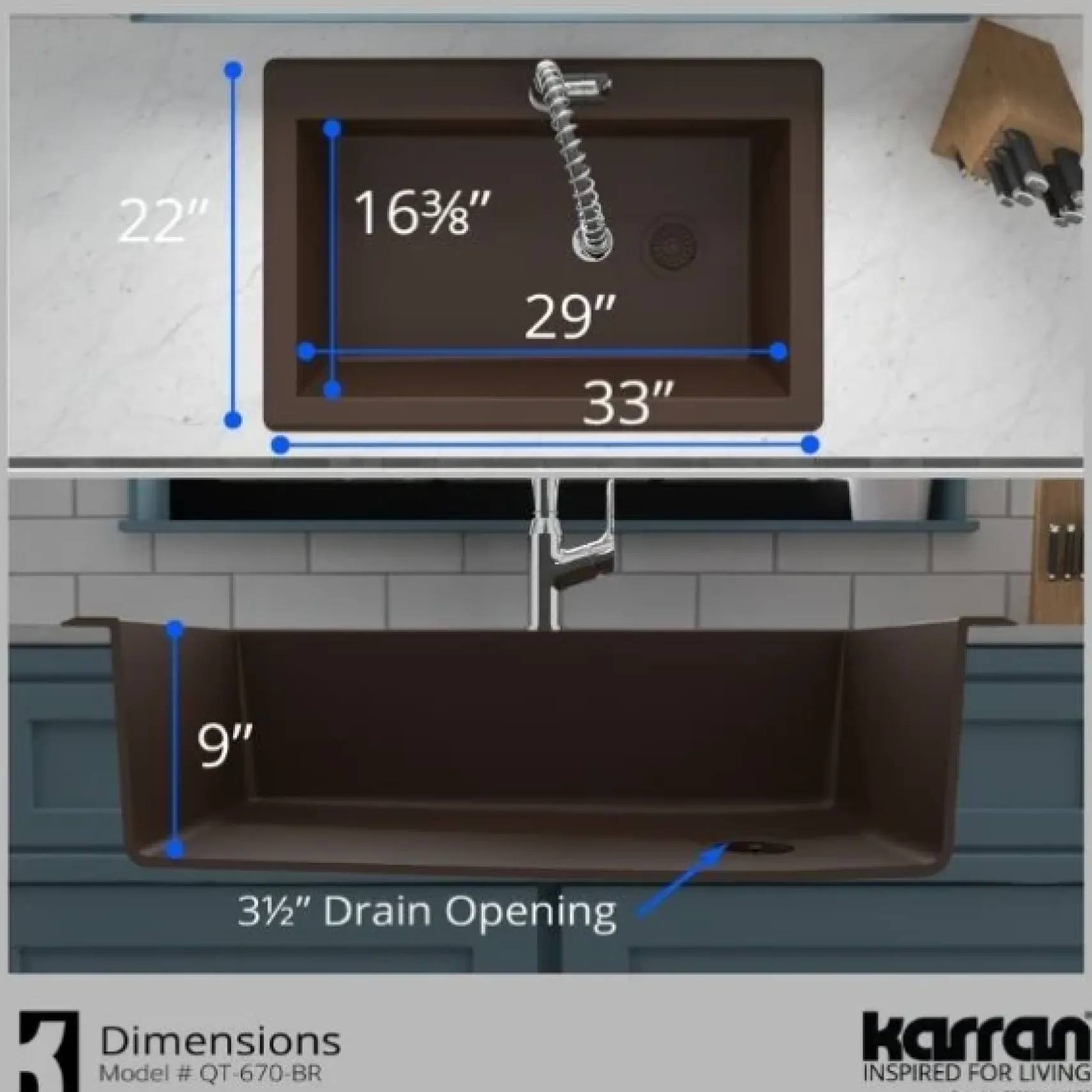 Karran 33" Drop In/Topmount Quartz Composite Kitchen Sink, Brown, QT-670-BR