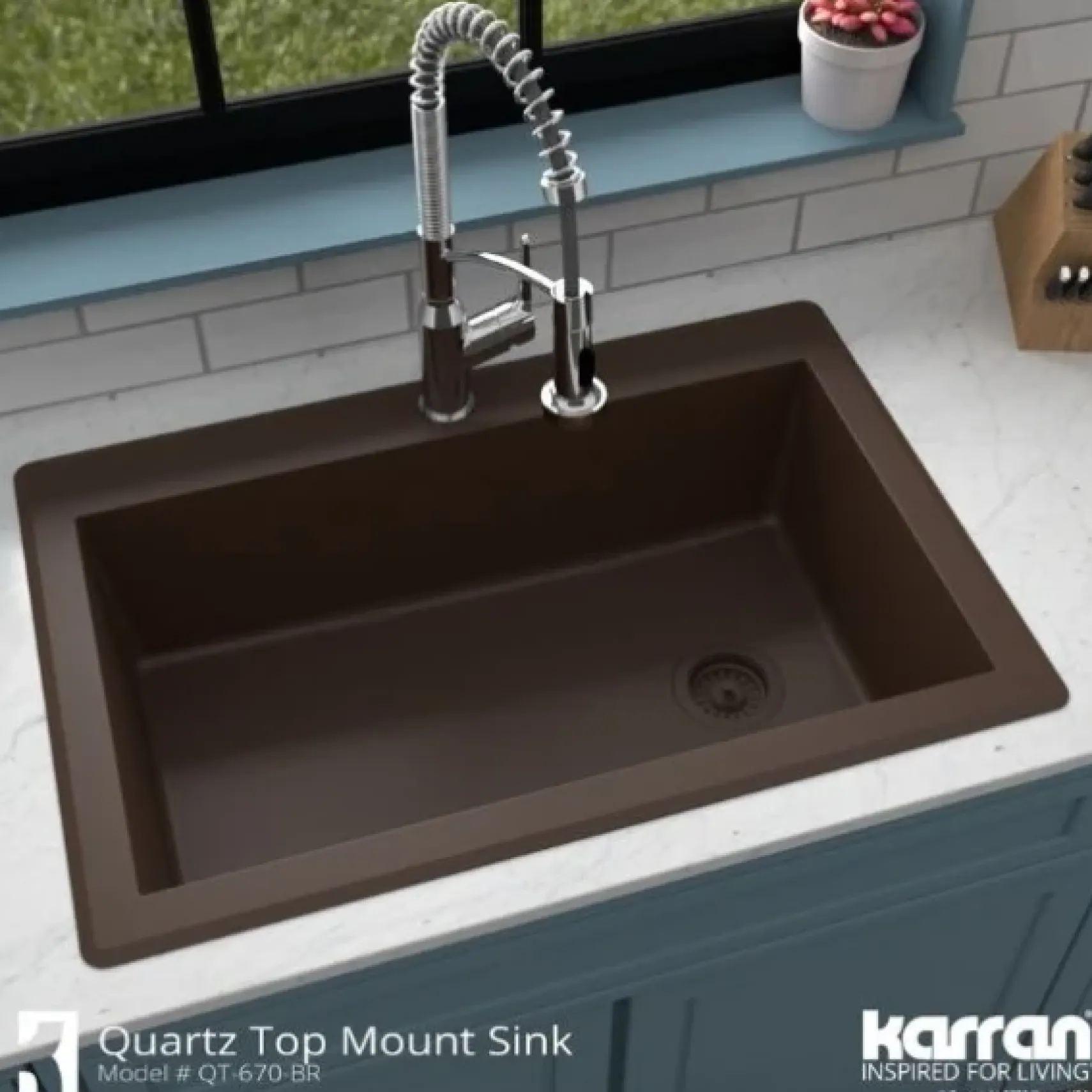 Karran 33" Drop In/Topmount Quartz Composite Kitchen Sink, Brown, QT-670-BR