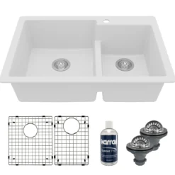 Karran 33" Drop In/Topmount Quartz Composite Kitchen Sink with Accessories, 60/40 Double Bowl, White, QT-811-WH-PK1