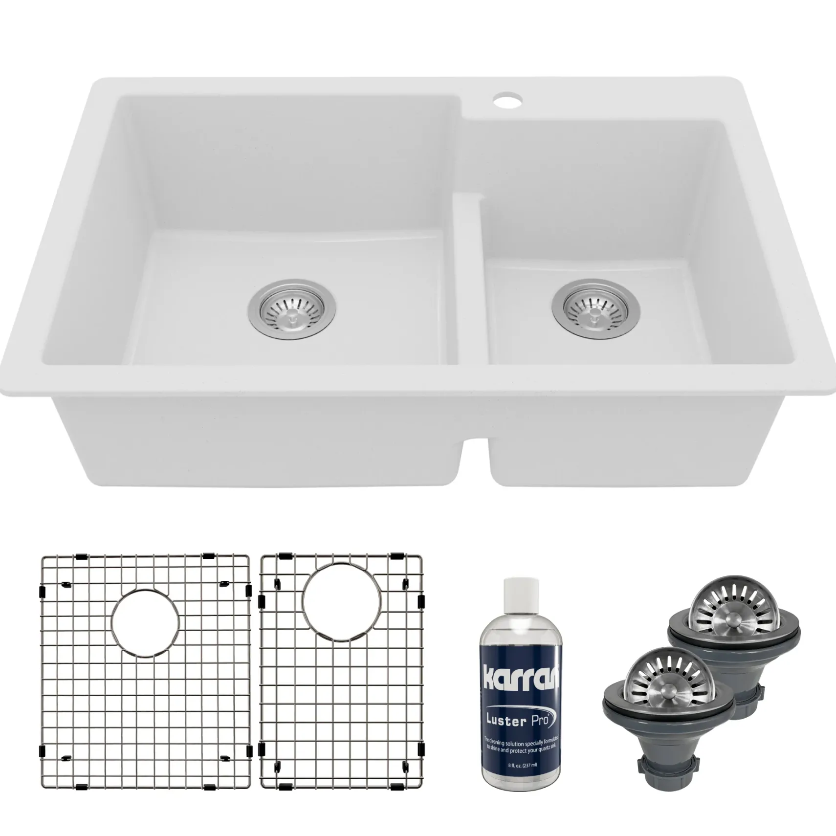 Karran 33" Drop In/Topmount Quartz Composite Kitchen Sink with Accessories, 60/40 Double Bowl, White, QT-811-WH-PK1