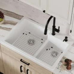 Karran 33" Drop In/Topmount Quartz Composite Kitchen Sink with Accessories, 60/40 Double Bowl, White, QT-811-WH-PK1