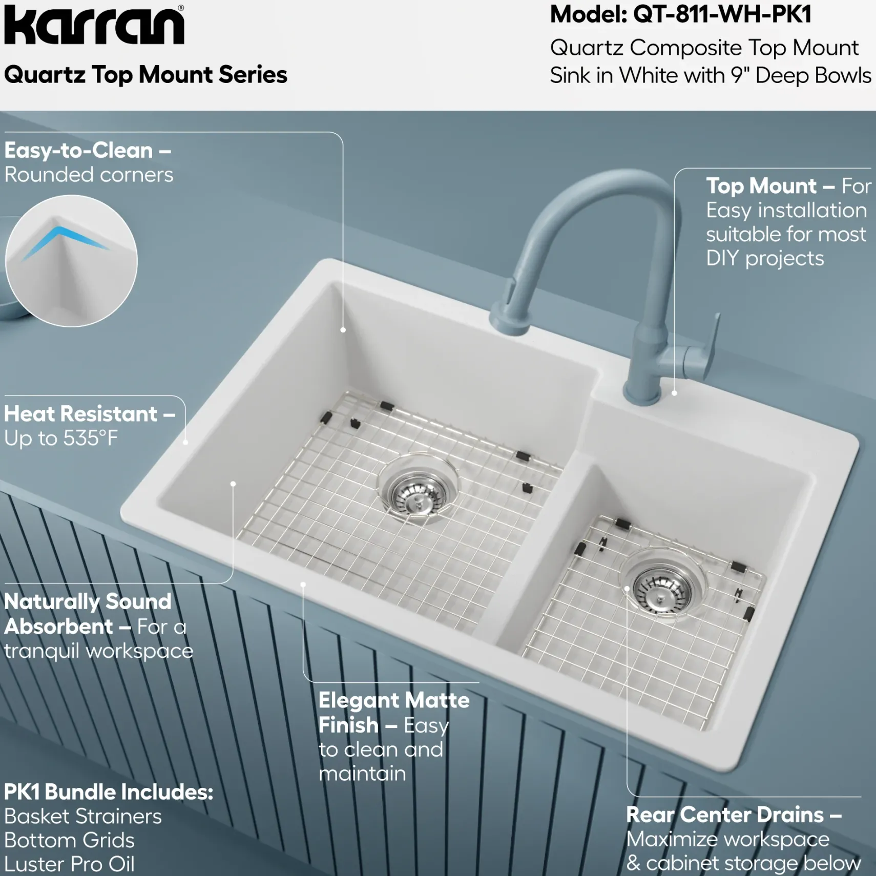 Karran 33" Drop In/Topmount Quartz Composite Kitchen Sink with Accessories, 60/40 Double Bowl, White, QT-811-WH-PK1