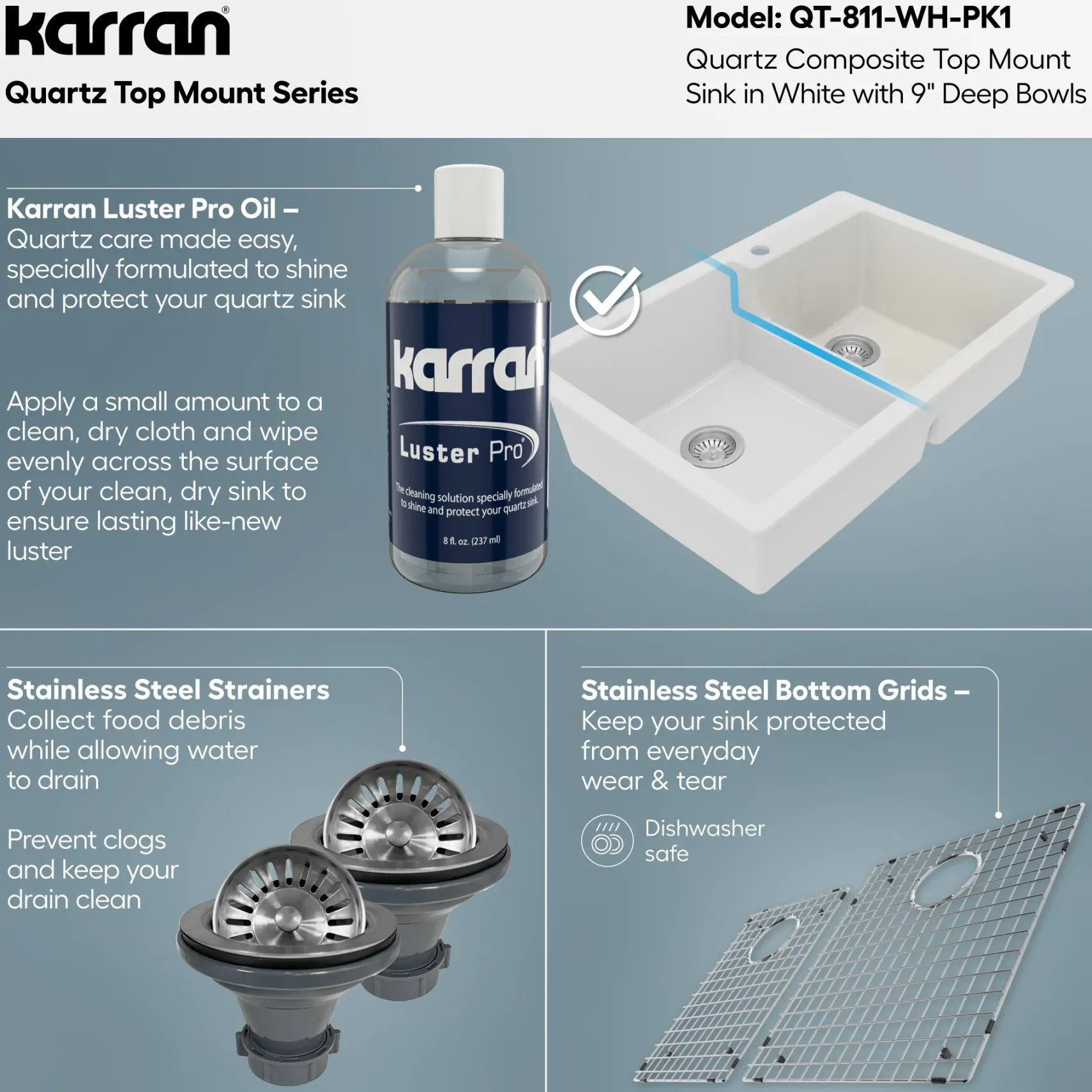 Karran 33" Drop In/Topmount Quartz Composite Kitchen Sink with Accessories, 60/40 Double Bowl, White, QT-811-WH-PK1