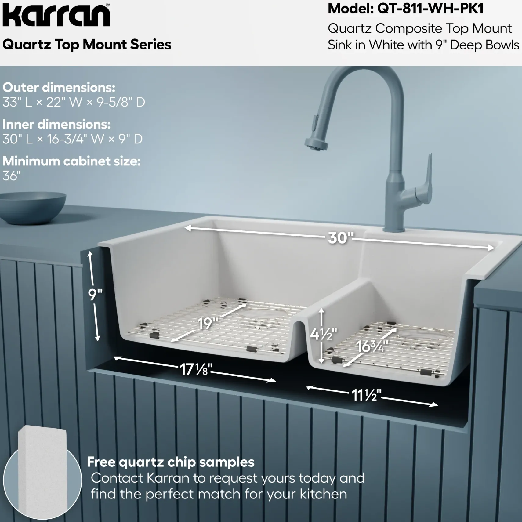 Karran 33" Drop In/Topmount Quartz Composite Kitchen Sink with Accessories, 60/40 Double Bowl, White, QT-811-WH-PK1