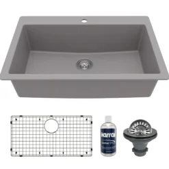 Karran 33" Drop In/Topmount Quartz Composite Kitchen Sink with Accessories, Grey, QT-812-GR-PK1