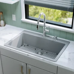 Karran 33" Drop In/Topmount Quartz Composite Kitchen Sink with Accessories, Grey, QT-812-GR-PK1