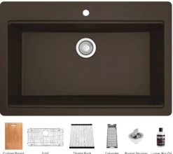 Karran 33" Drop In/Topmount Quartz Composite Workstation Kitchen Sink with Accessories, Brown, QTWS-875-BR