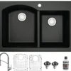 Karran 33" Drop In/Topmount Quartz Composite Kitchen Sink with Stainless Steel Faucet and Accessories, 60/40 Double Bowl, Black, QT610BL210SS