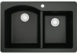 Karran 33" Drop In/Topmount Quartz Composite Kitchen Sink with Stainless Steel Faucet and Accessories, 60/40 Double Bowl, Black, QT610BL210SS